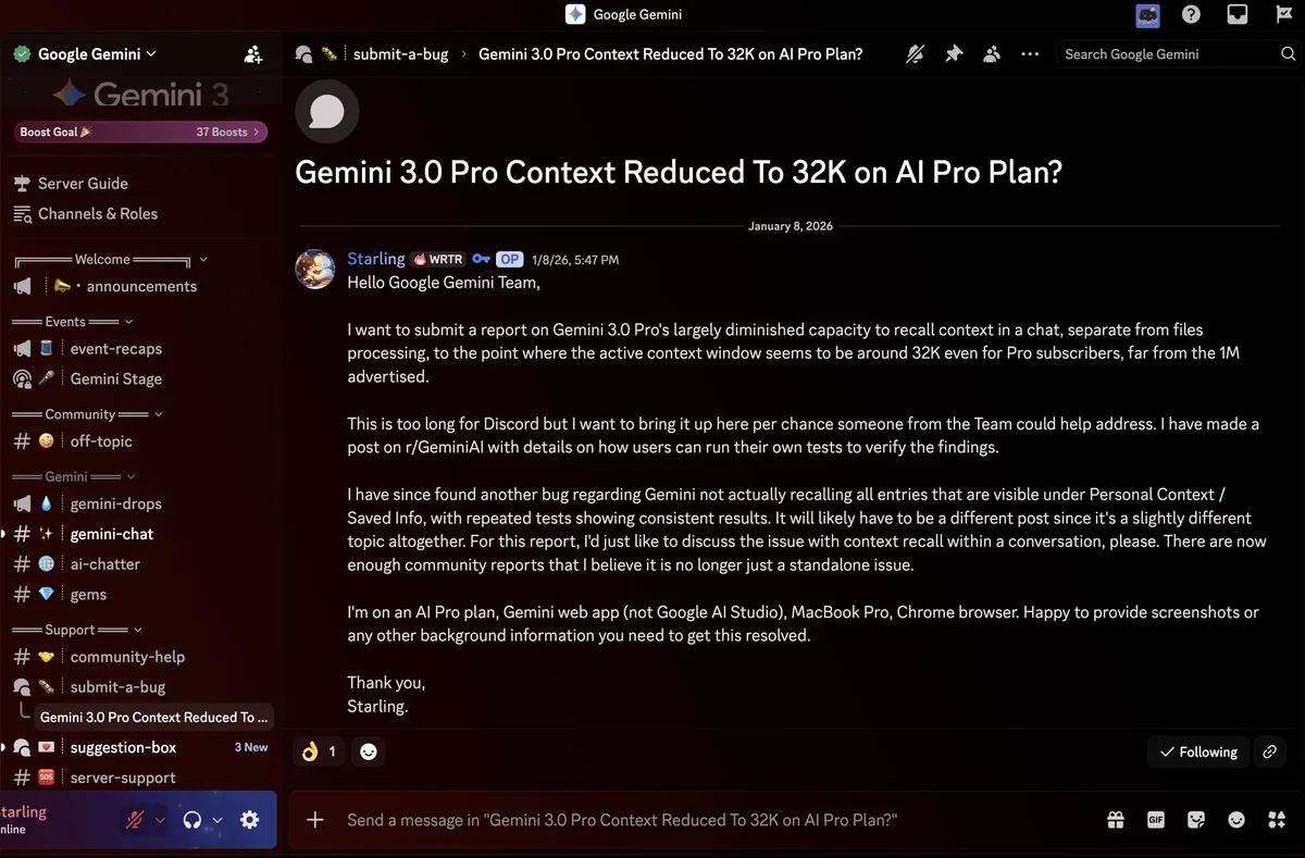 제미나이 3.0 출시 이후 대화 맥락 유실 보고가 폭발적으로 증가했다.