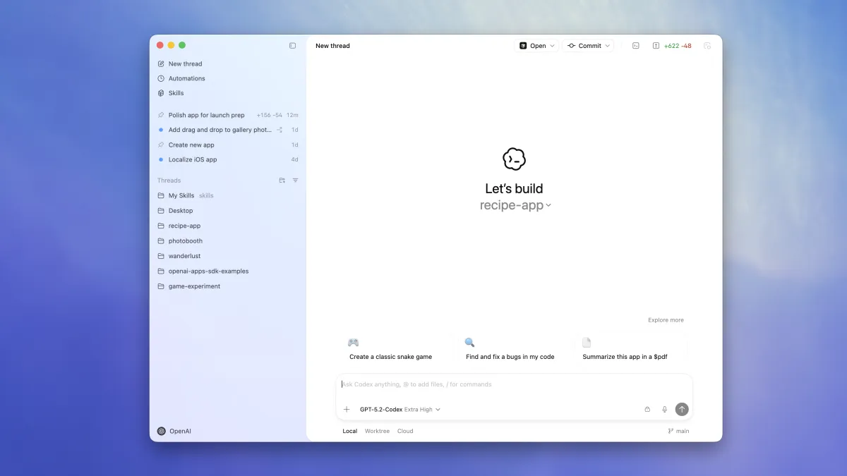 오픈AI 코덱스 코딩 에이전트 인터페이스 화면
