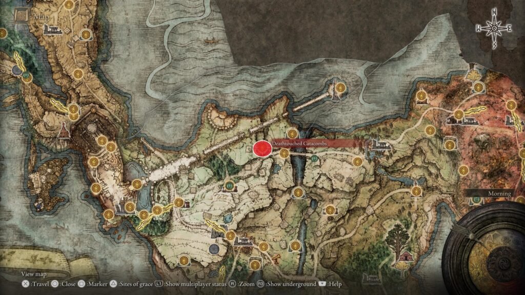 The Elden Ring map showing the site of grace of the Deathtouched Catacombs in northern Limgrave. Where you can find the infamous weapon Uchigatana.